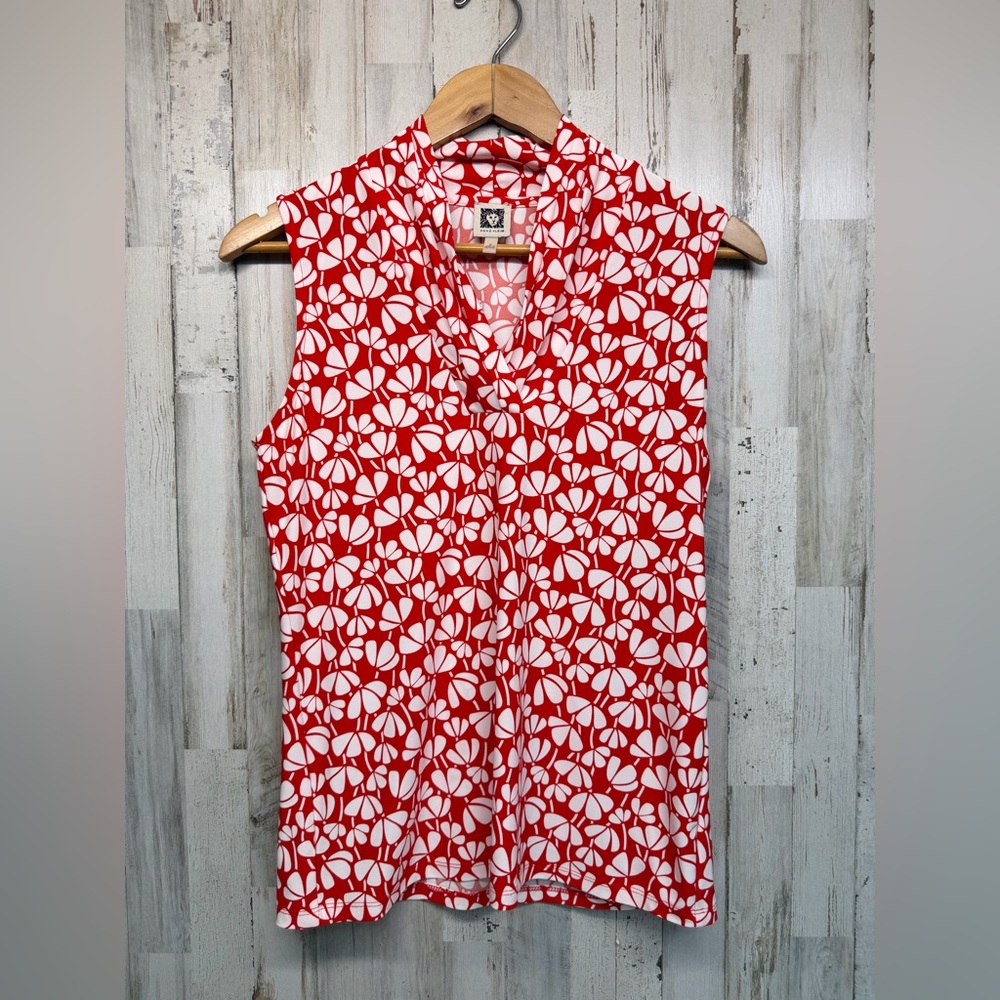 Anne Klein White Red Floral V-neck Blouse Size Small Preppy